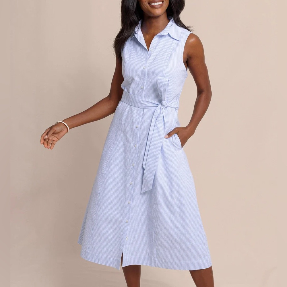 Southern Tide Light Blue Pinstripe Sleeveless Shirt Dress with Waist Tie
